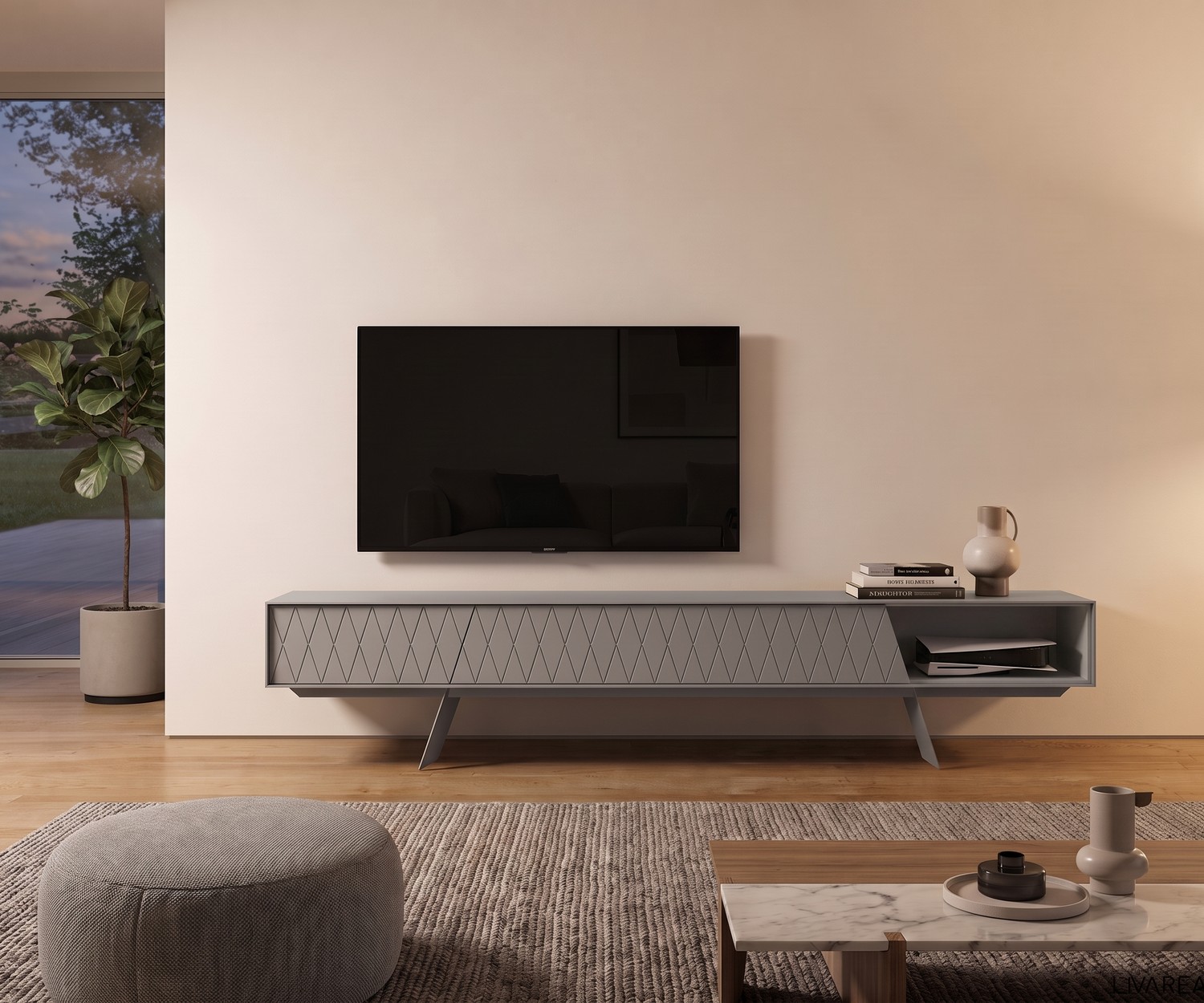 Design TV-lowboard e-klipse 008 met ruitpatroon al2 e-klipse 008 TV-lowboard met ruitpatroon in de woonkamer. Moderne grijze mediaspeler kast op elegante pootjes.