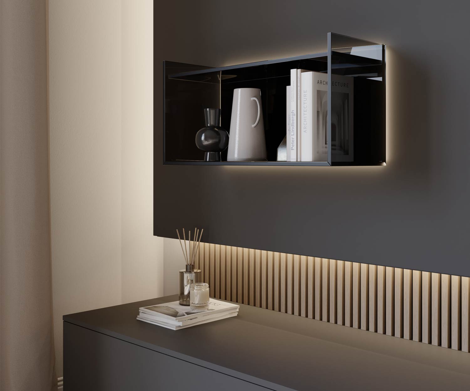 Livitalia Luxe design TV wandmeubel C100 frontale glasplaat Livitalia Luxe design TV wandmeubel C100 frontale glasplaat