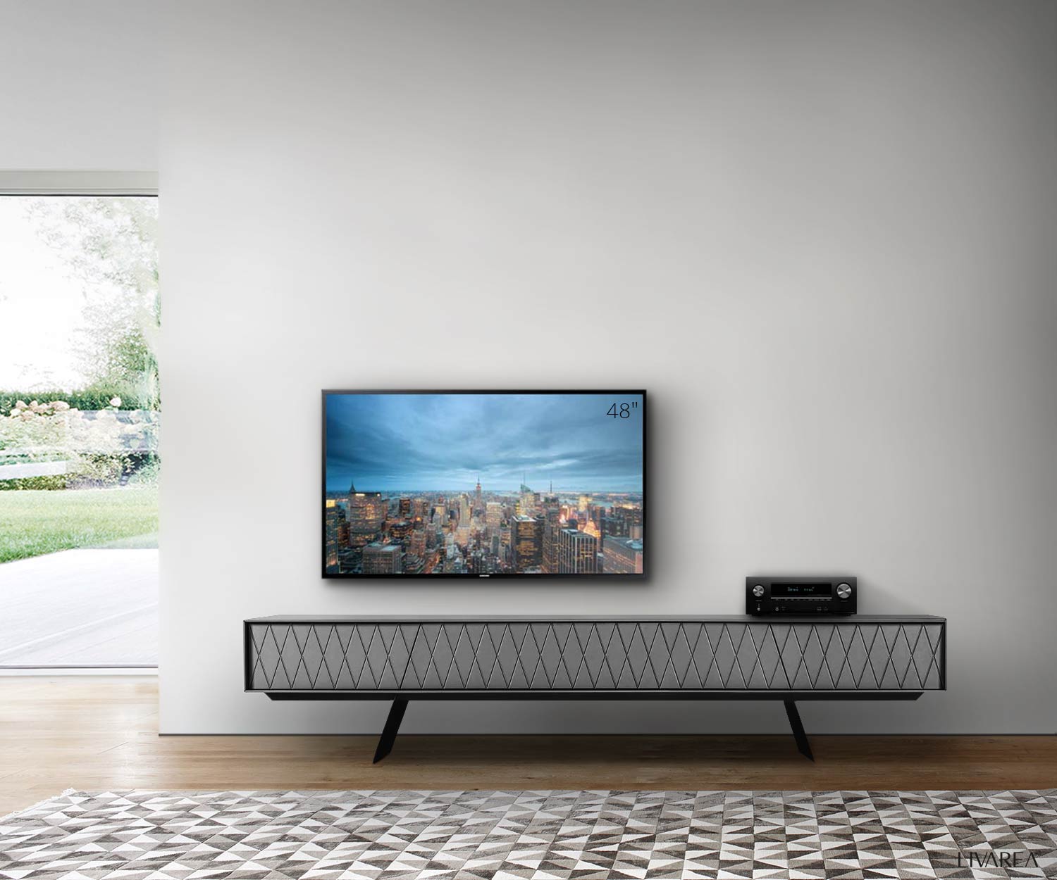Design TV design lowboard van al2 met front in donkergrijs in de woonkamer