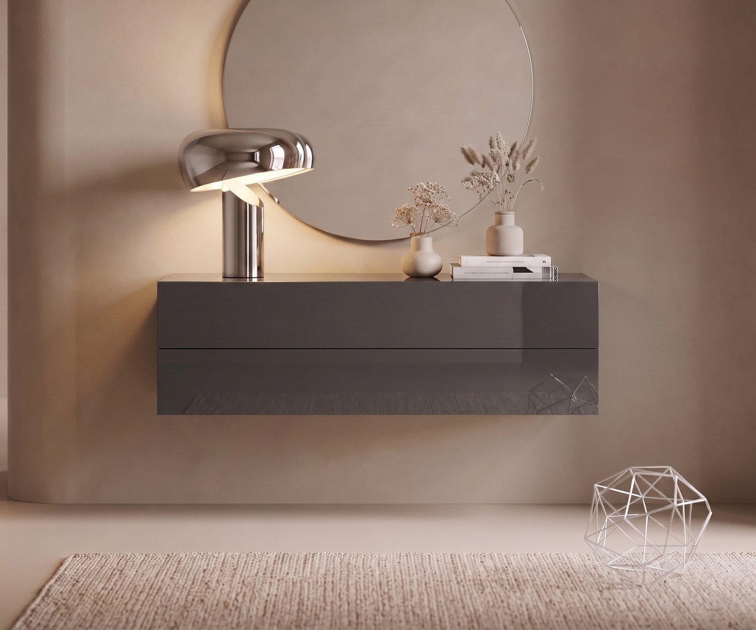 Novamobili Easy zwevend dressoir in kwartsgrijs Zwevend dressoir Easy van Novamobili in de hal, moderne hangende ladekast in hoogglans kwartsgrijs met stijlvolle lamp.