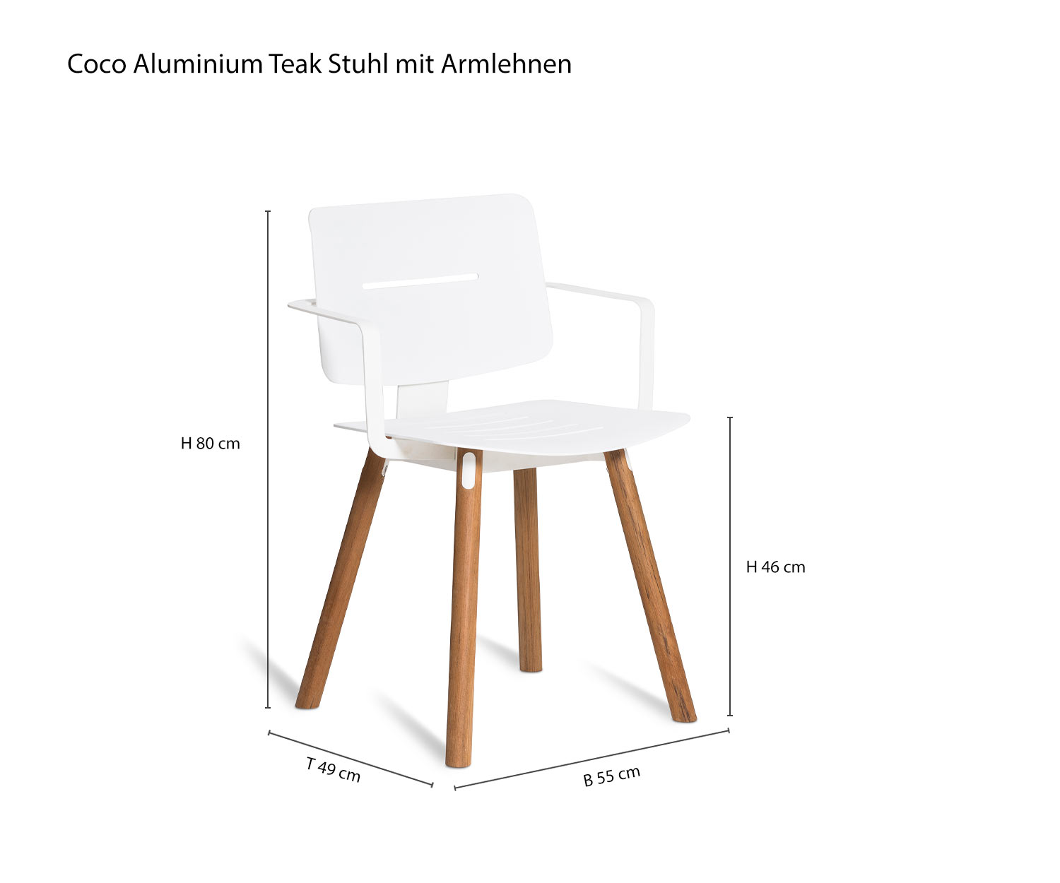 Coco design teakhouten stoel met armleuning van Oasiq Schets Afmetingen Afmetingen