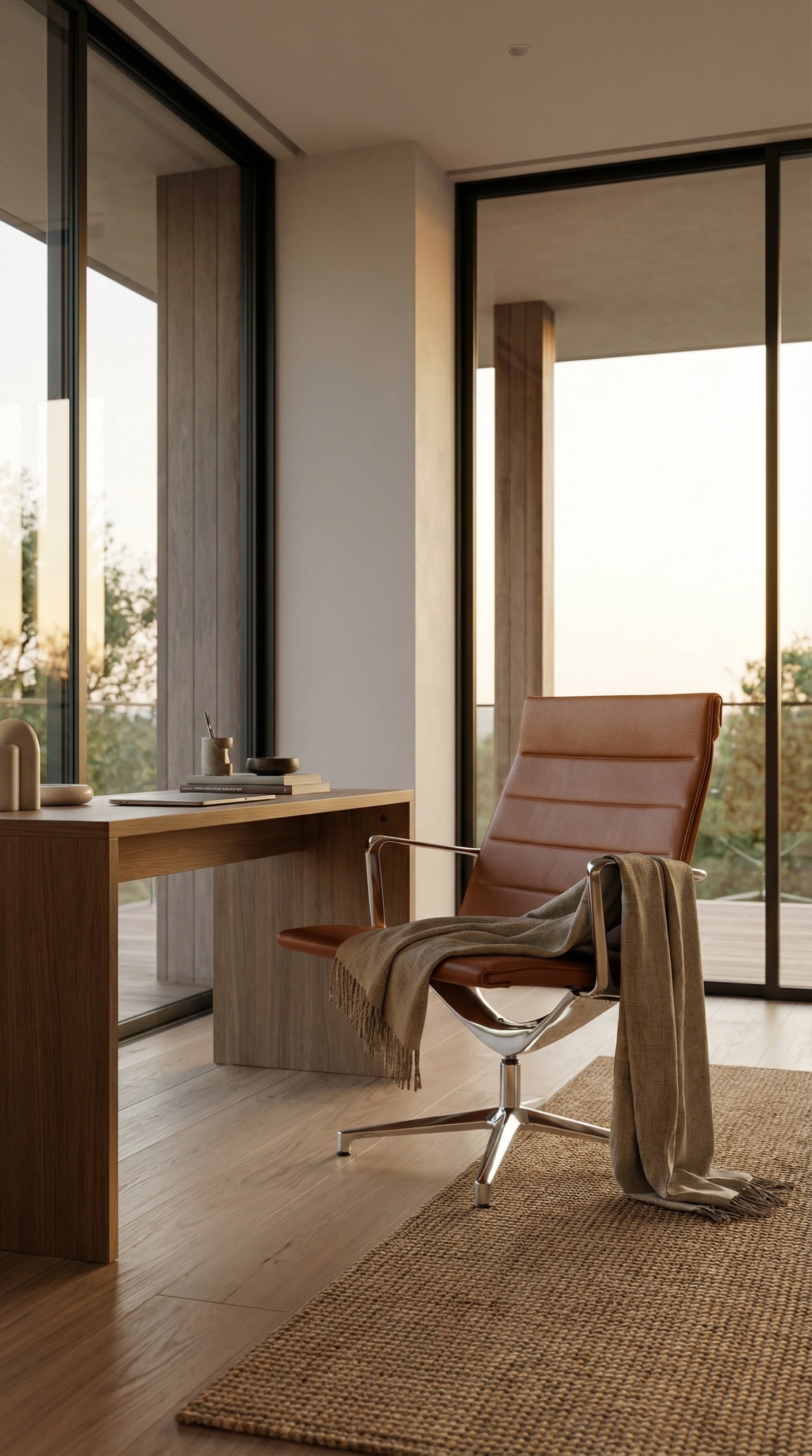 Een elegante home office ruimte in de woonkamer met een hoogwaardige lounge-bureaustoel in cognac-leer, die voor een stijlvol massief houten bureau staat.