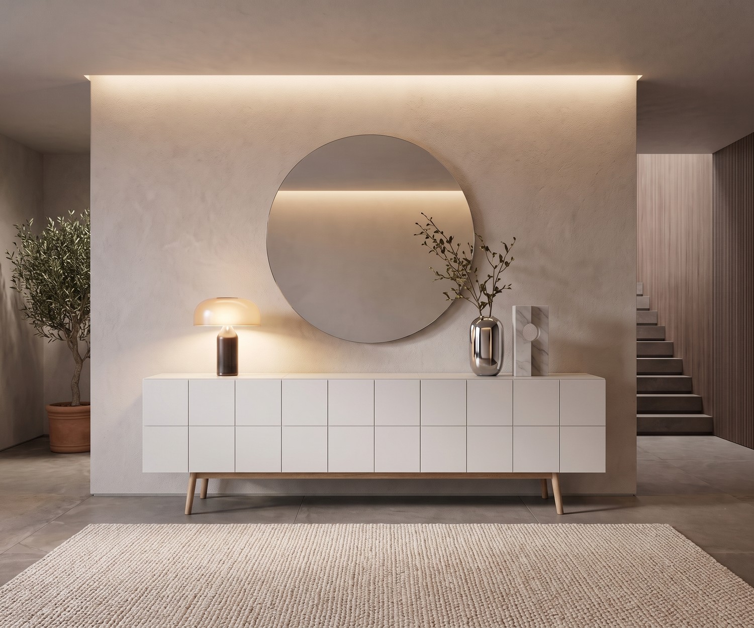 Modern design dressoir MOS-I-KO 003 B in wit met houten pootjes al2 design dressoir MOS-I-KO 003 B in een minimalistische gang. Wit gelakt dressoir met houten poten en tegelmotief-front.
