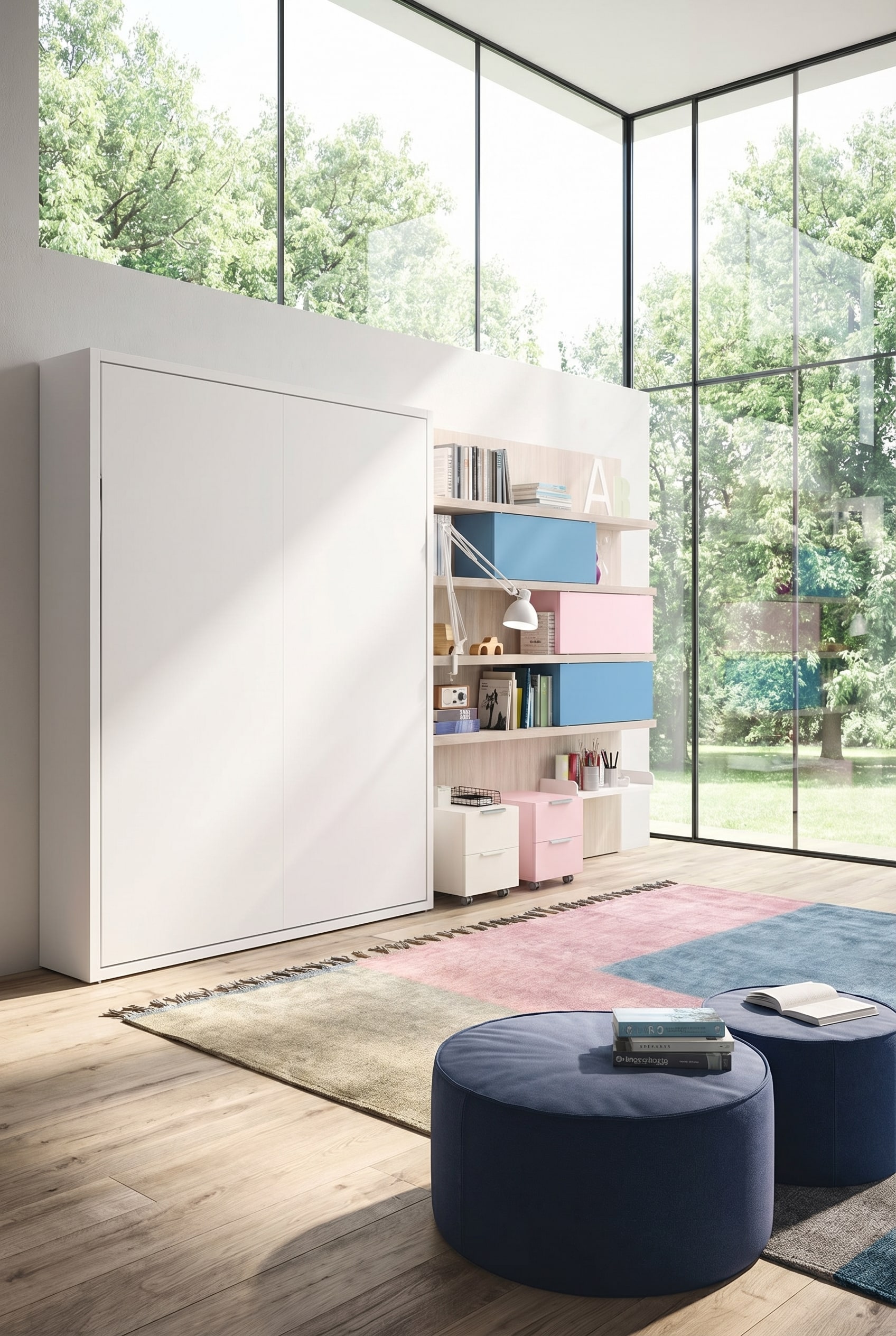 Een lichte kinderkamer met een ruimtebesparend, ingeklapt stapelbed, grote ramen en veel vrije speelruimte.
