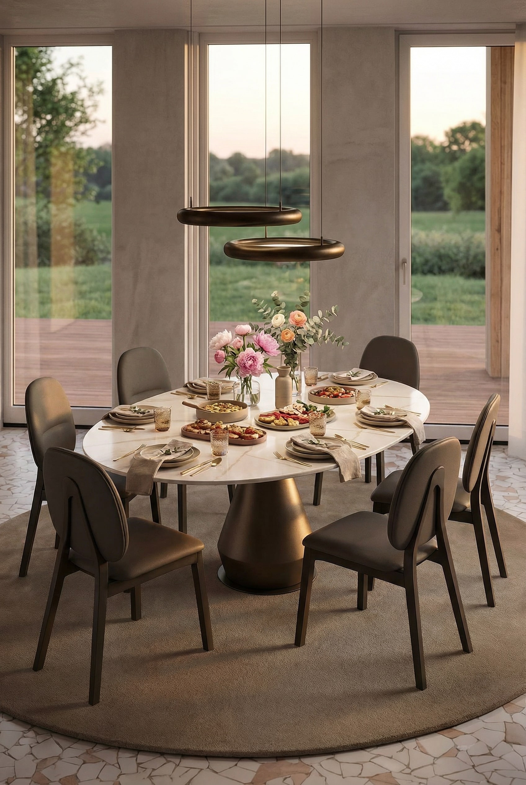 Uitschuifbare ronde eettafel Ozzio Lycos met stijlvolle stoelen