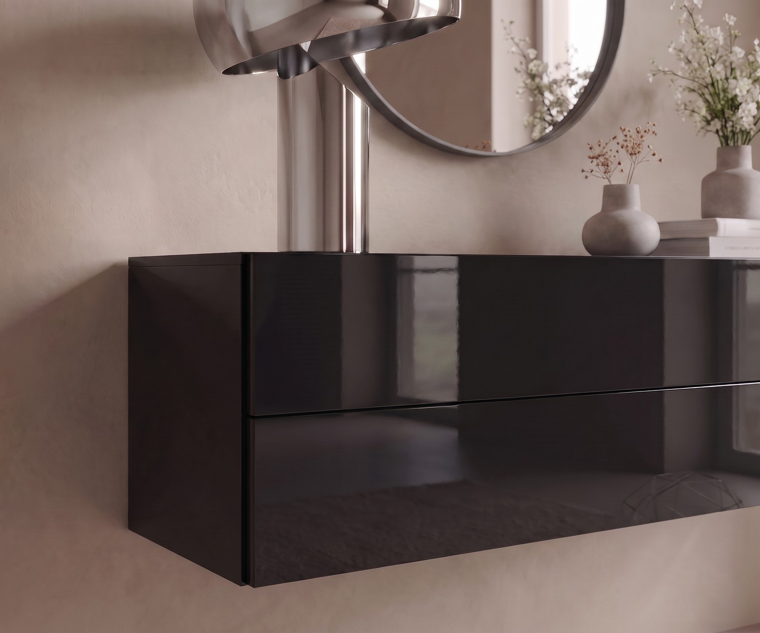 Novamobili Easy zwevende ladekast in zwart hoogglans Novamobili Easy zwevende ladekast voor de hal, moderne zwarte hoogglans hangcommode in minimalistische woonstijl.