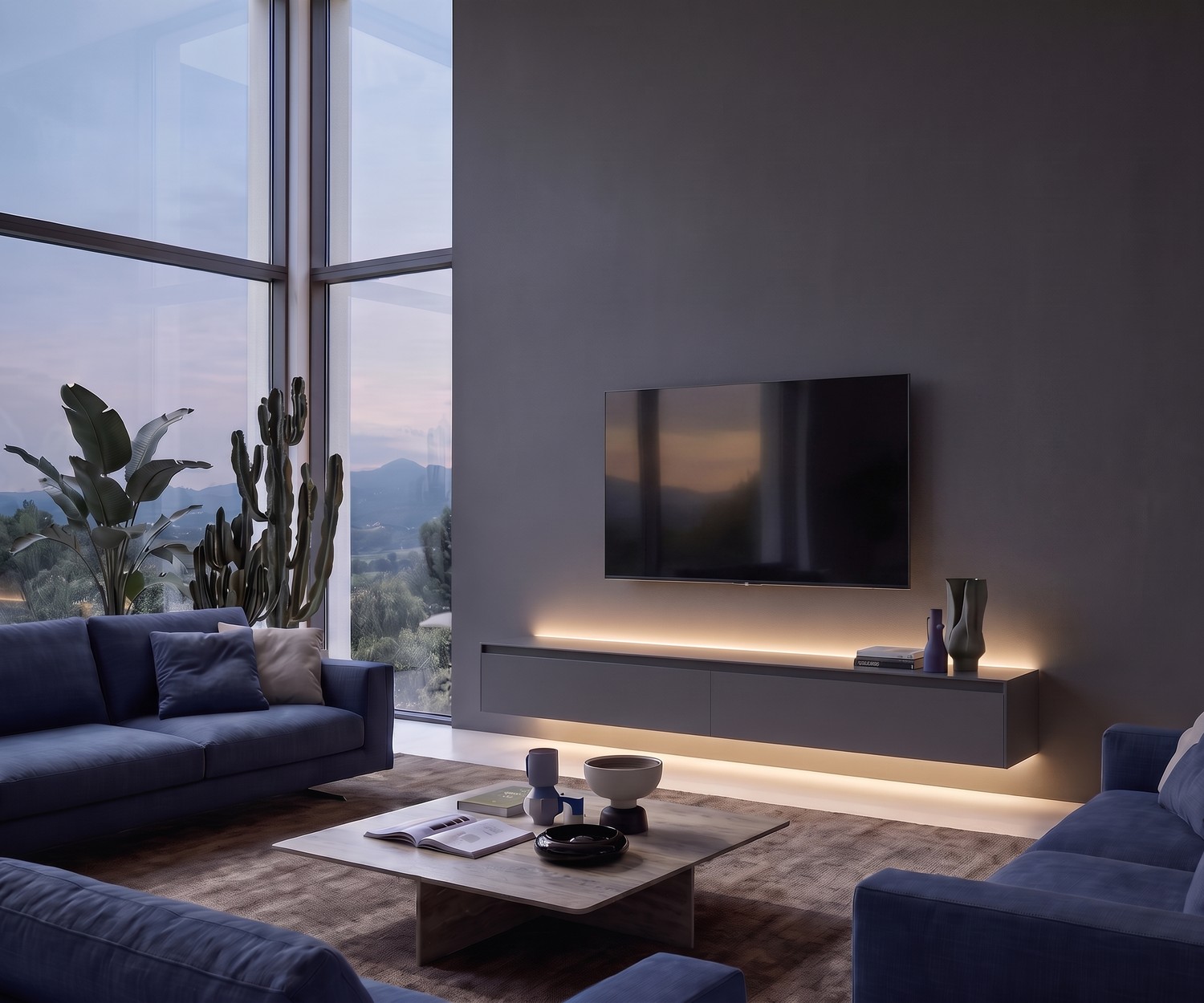 Novamobili Reverse zwevend TV-meubel met LED Novamobili Reverse zwevend TV-meubel in een moderne grijze woonkamer met sfeervolle LED-verlichting.