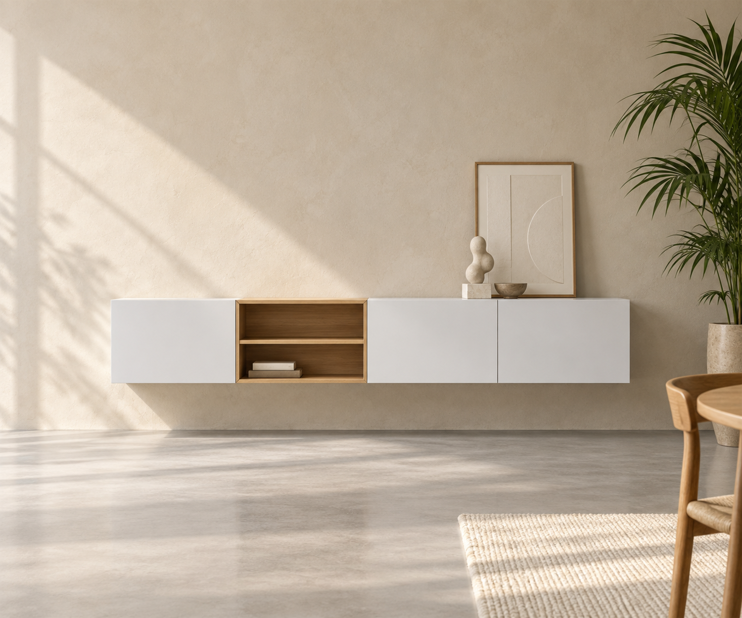Livitalia Box 18 Wanddressoir 240 cm – Mat wit + Licht eiken
